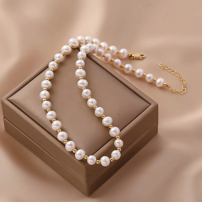 Classic Pearl and Gold Bead Necklace for Women | Blanche Pearl White