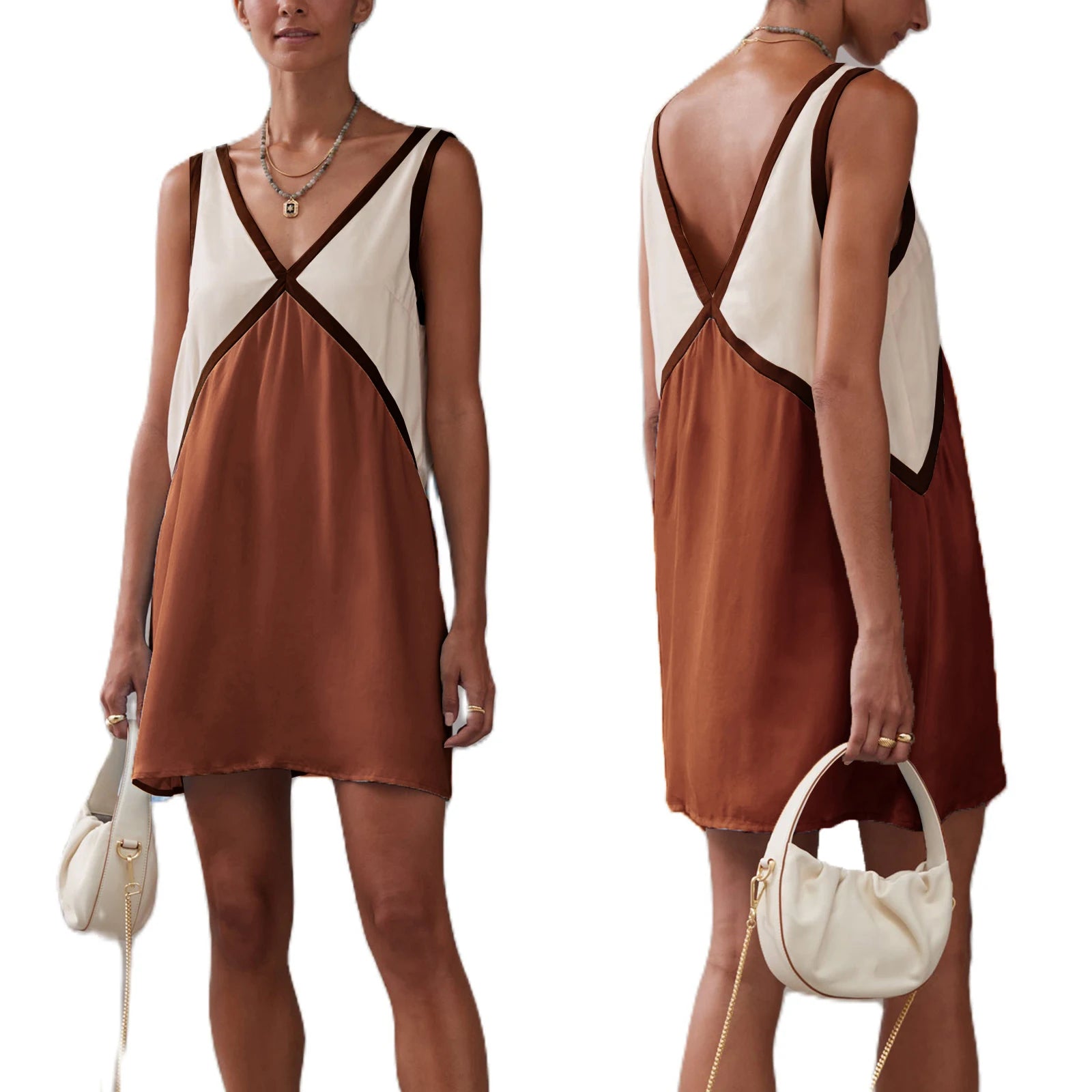 Color Block V-Neck Sleeveless Mini Dress for Women | Veronica Brown