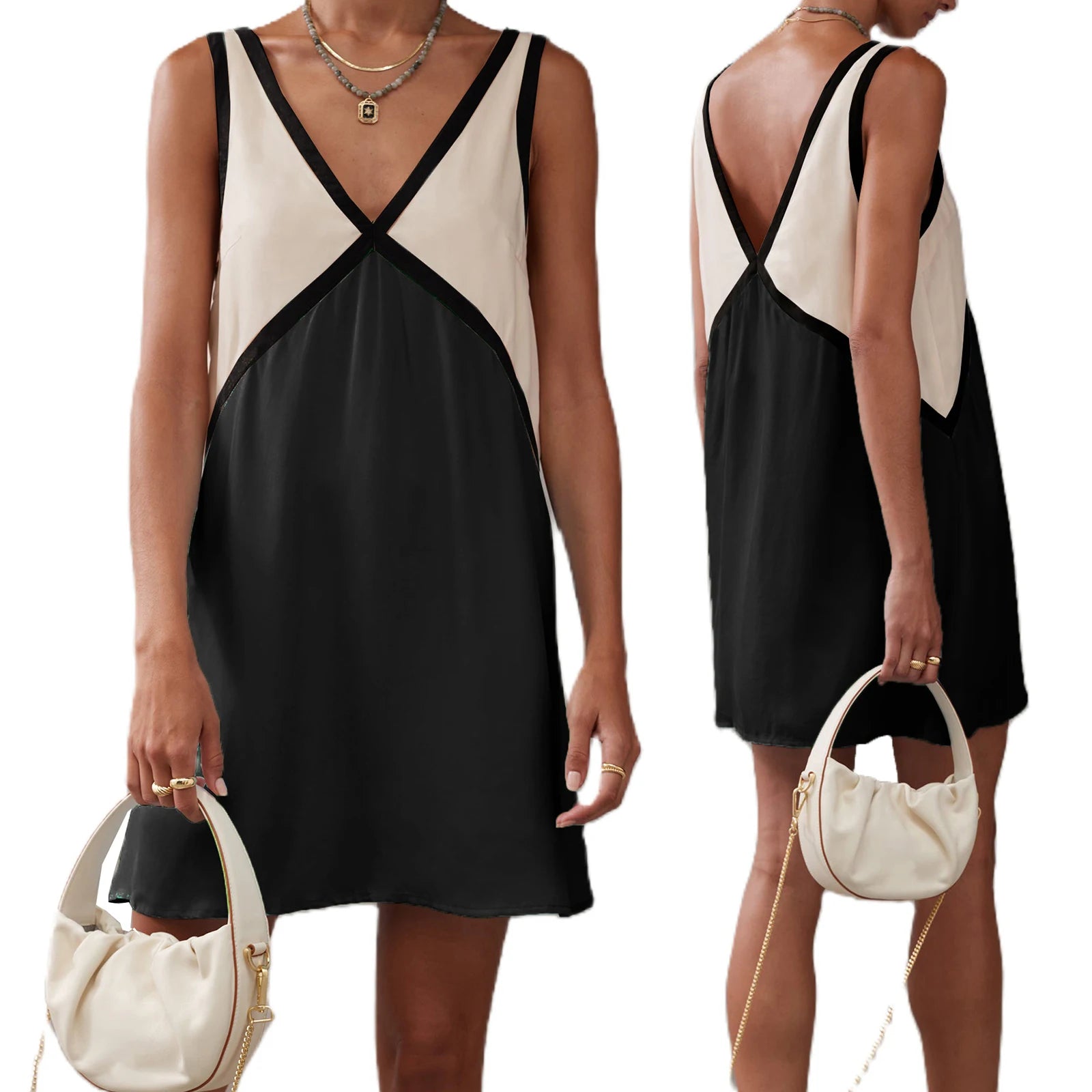 Color Block V-Neck Sleeveless Mini Dress for Women | Veronica Black