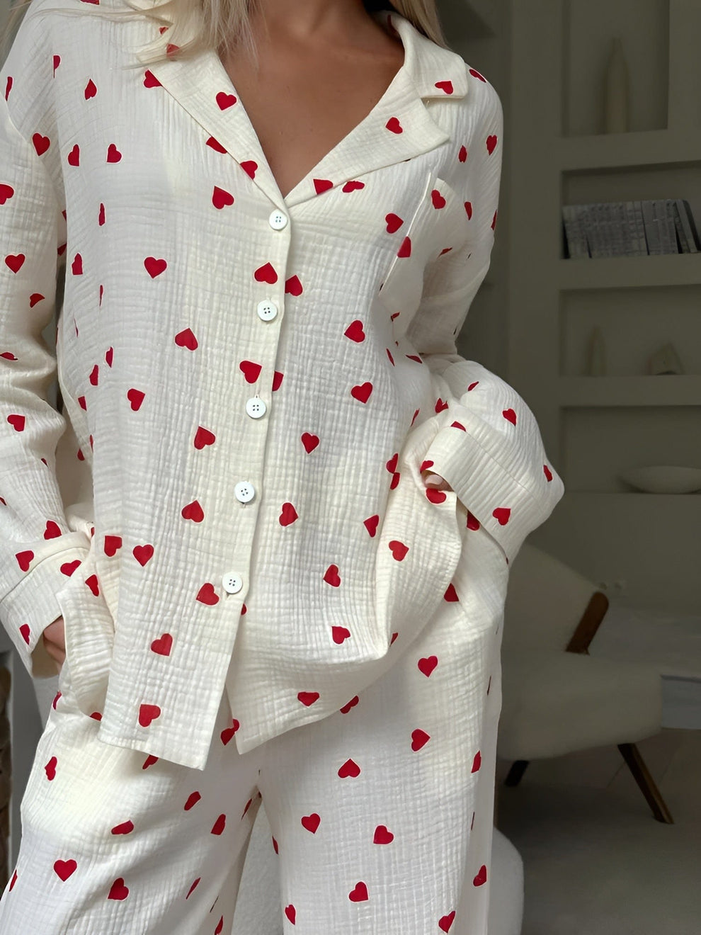 Comfortable Red Heart Button-Up Pajama Set for Women | Leila Hearts (last pieces)