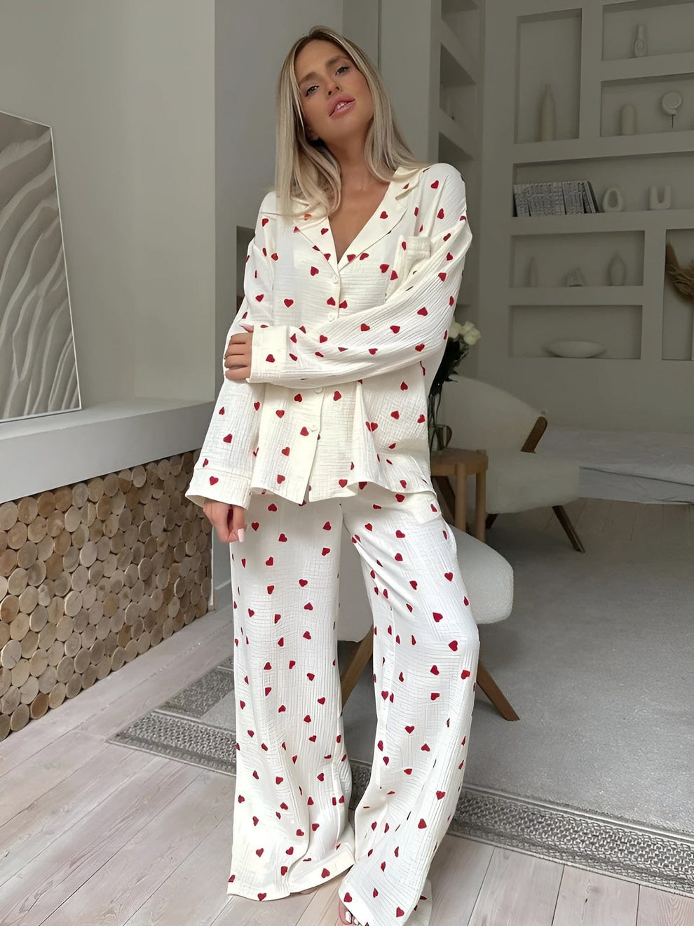 Comfortable Red Heart Button-Up Pajama Set for Women | Leila