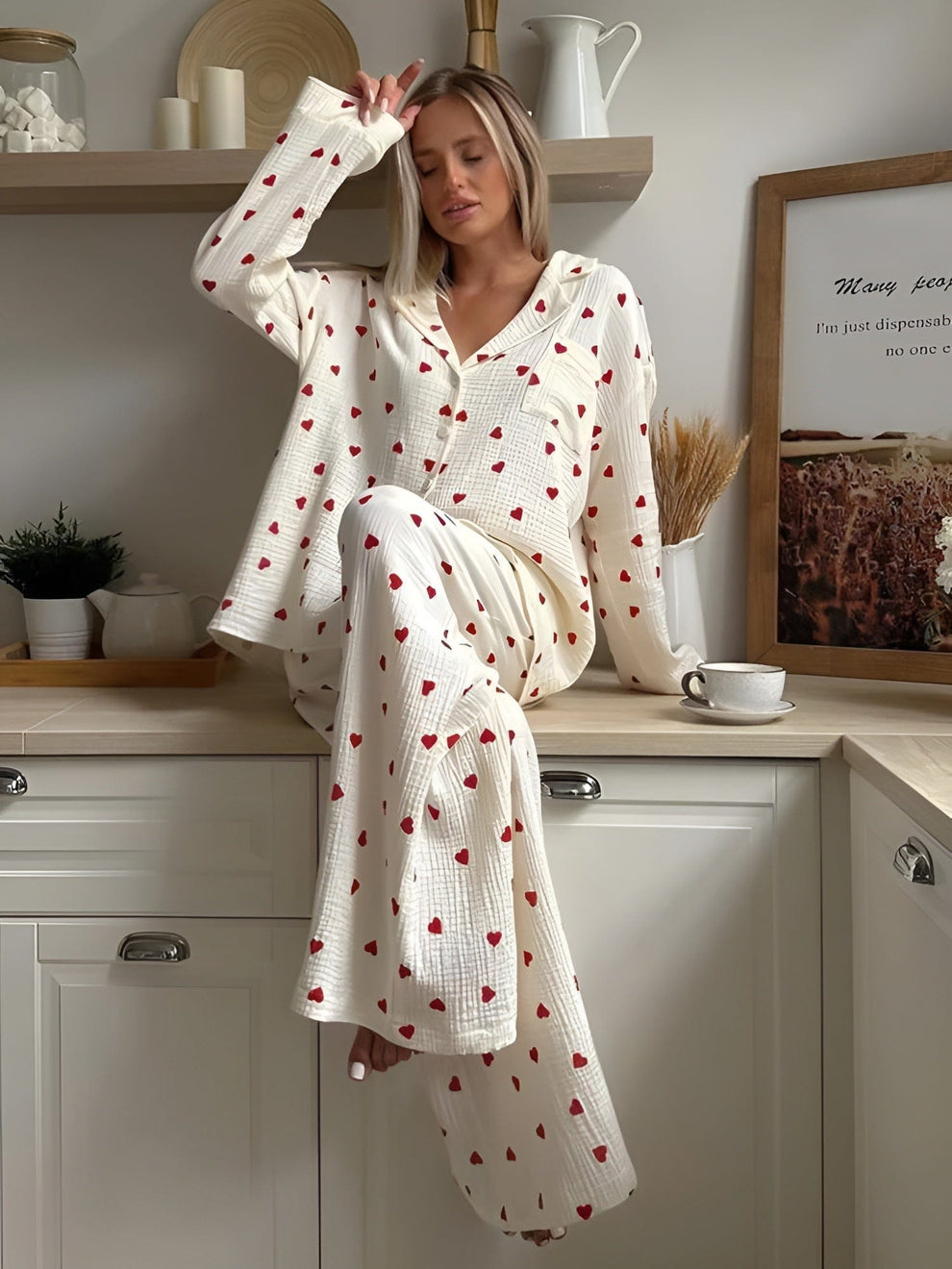 Comfortable Red Heart Button-Up Pajama Set for Women | Leila