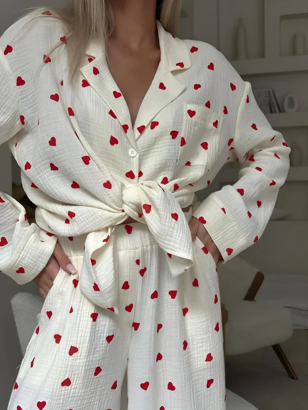 Comfortable Red Heart Button-Up Pajama Set for Women | Leila
