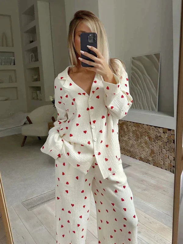 Comfortable Red Heart Button-Up Pajama Set for Women | Leila