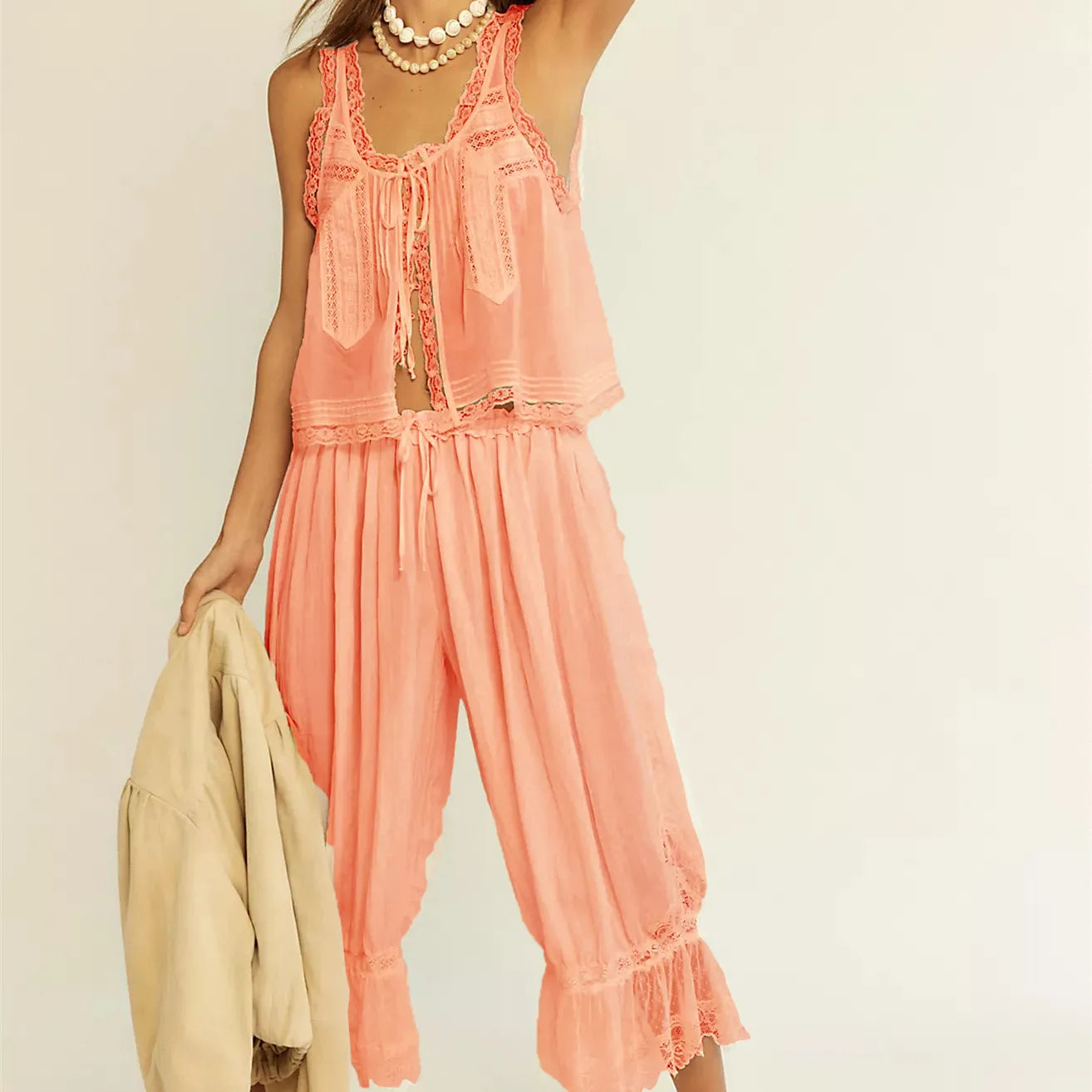 Cotton Two-Piece Set with Tank Top and Wide-Leg Pants for Women | Alouette Peach