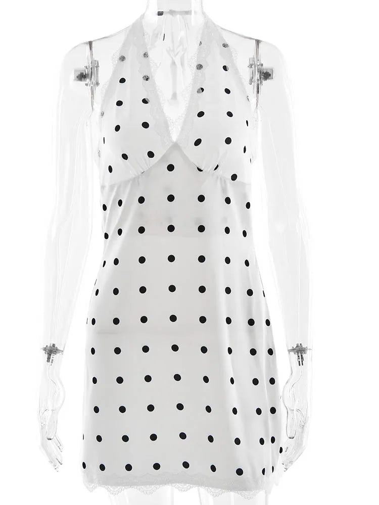 Deep V-Neck Print Polka Dot Halter Mini Dress for Women | Calista