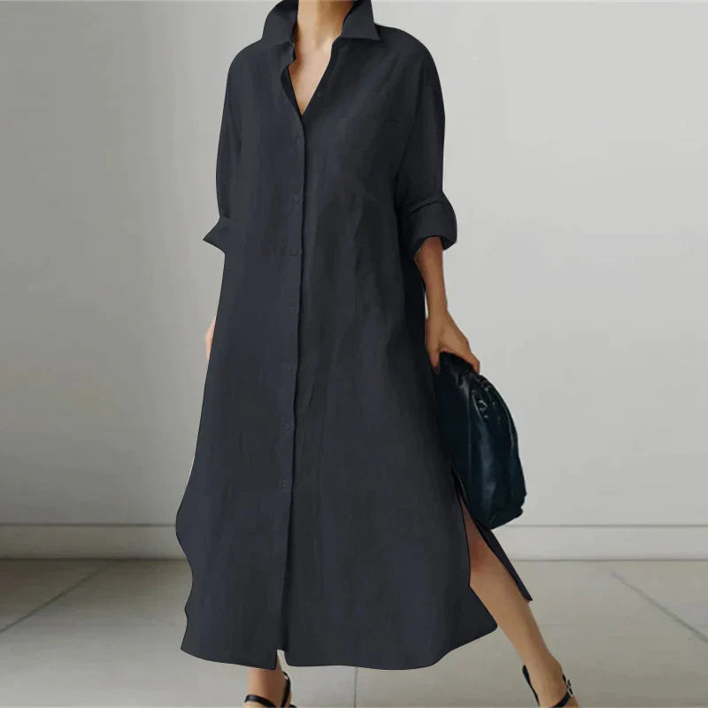 Button-Up Shirt Dress with Side Slit for Women | Della Dark Blue