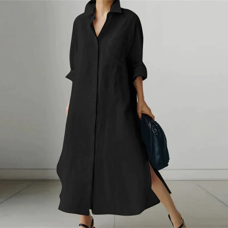 Button-Up Shirt Dress with Side Slit for Women | Della Black