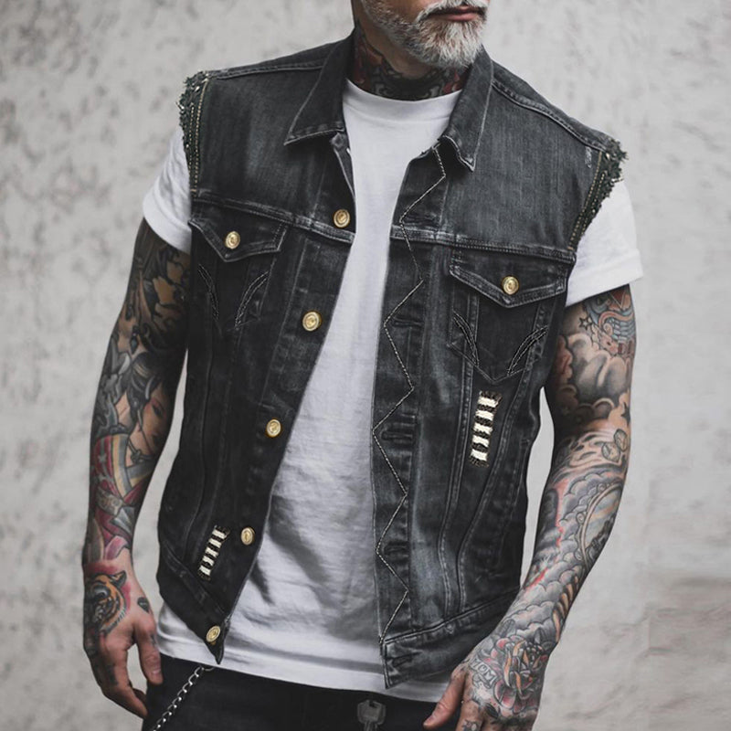 Dento | Ripped Denim Vest Black