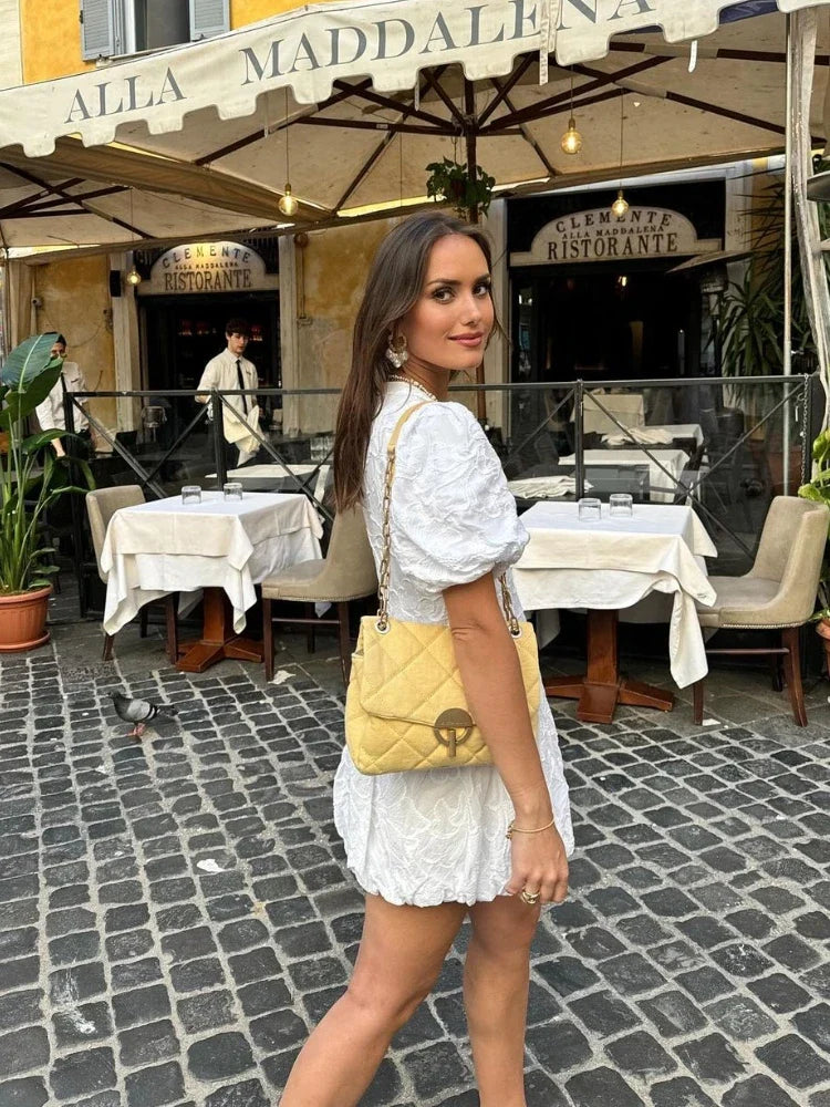 White Puff Sleeve Embroidered Mini Dress for Women | Olive