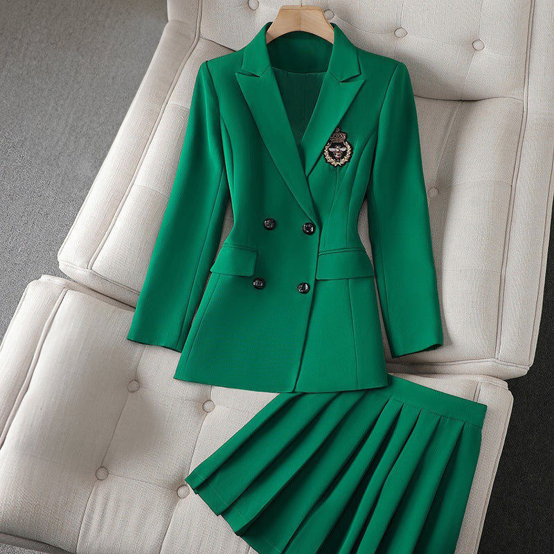 Double-Breasted Blazer and Pleated Short Skirt Set for Women | Valentina Green