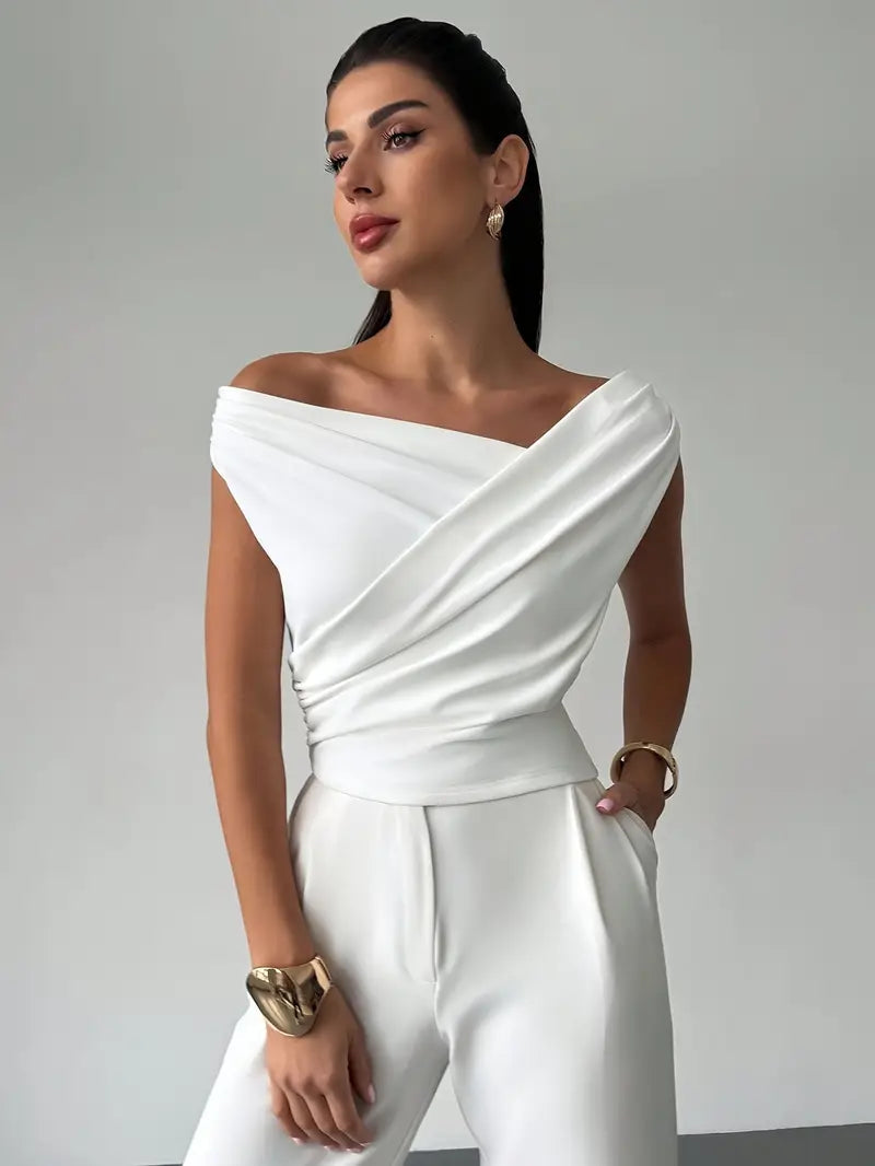 Draped Shoulder Top Stylish Design For Women | Lirena White
