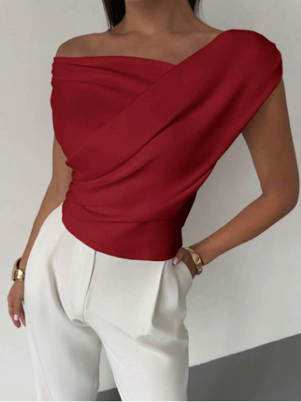 Draped Shoulder Top Stylish Design For Women | Lirena Red