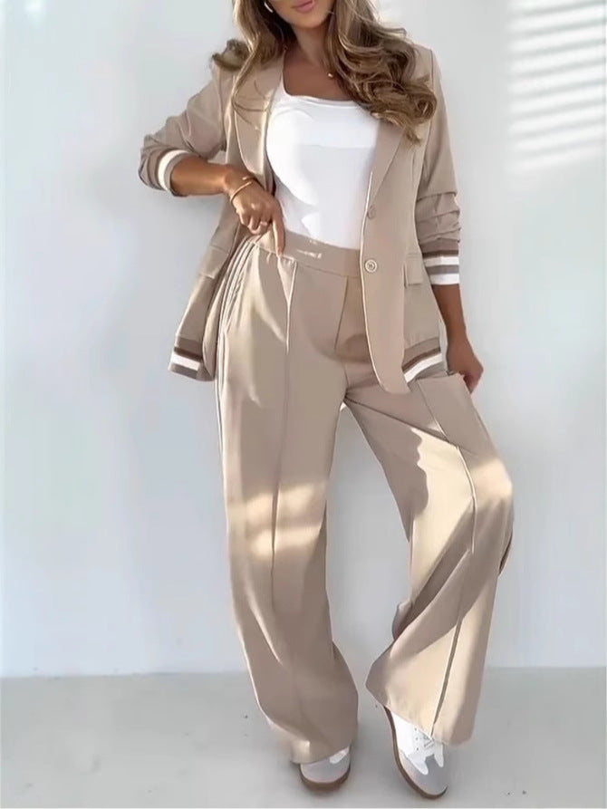 Elaro | Striped Blazer Wide-Leg Trousers Set Beige