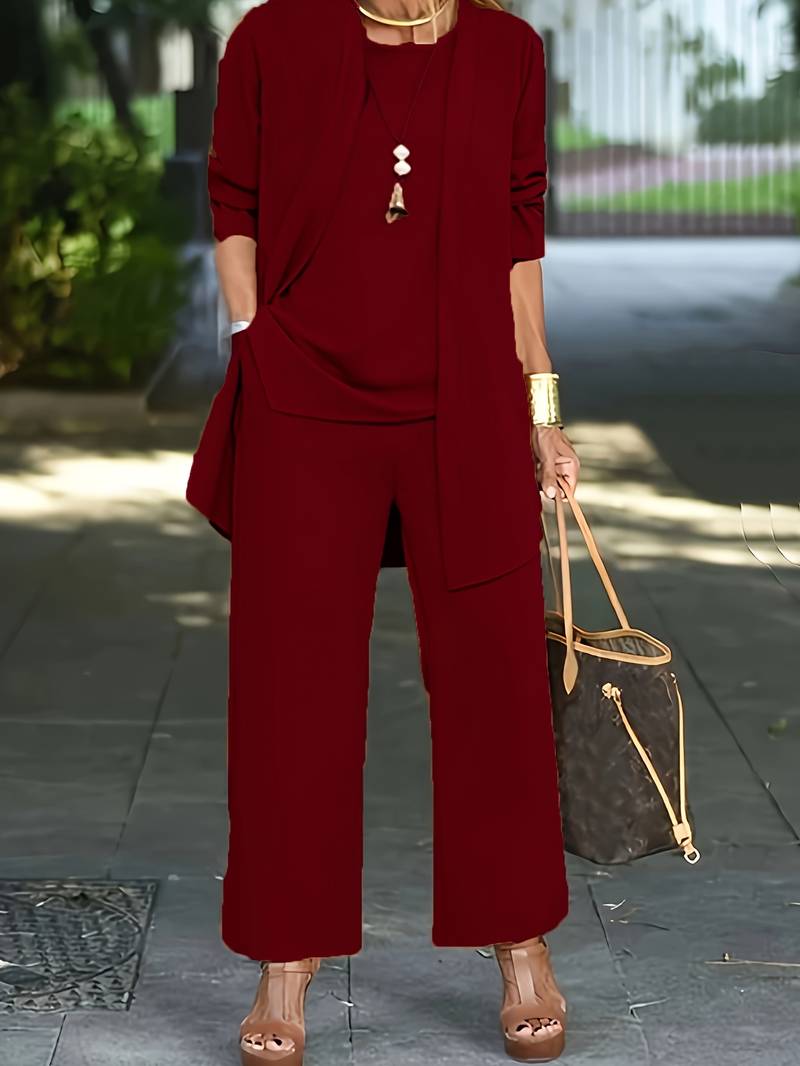 Elegant 3-Piece Wide-Leg Pants Set for Women | Jenny Burgundy Red
