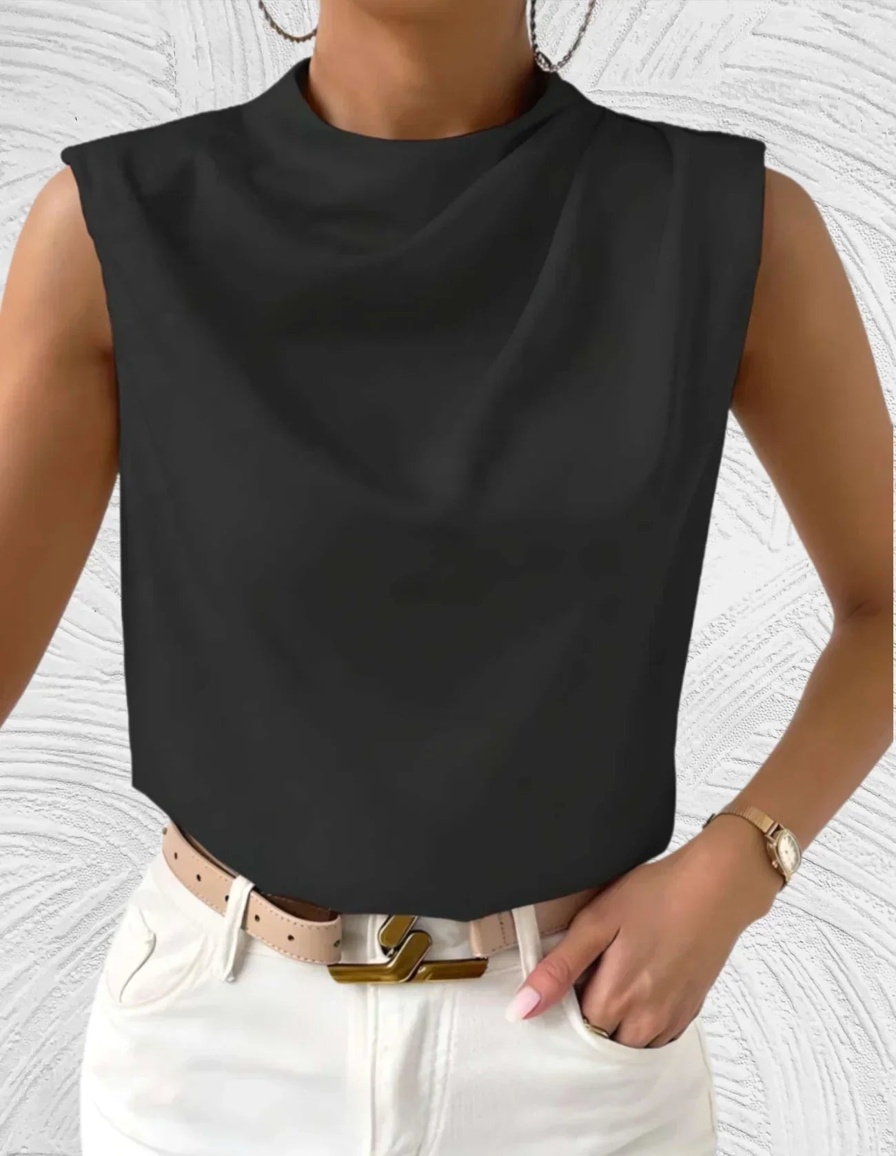 Elegant Draped Satin Sleeveless Top for Women | Catalina Black