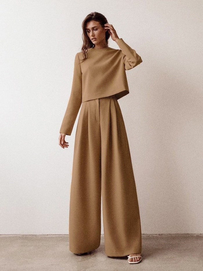 Elegant High-Neck Wide-Leg Two-Piece Set for Women | Cayenne Camel
