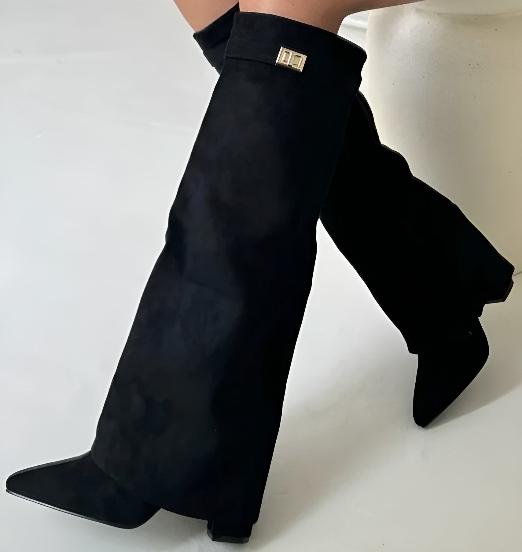 Elegant Knee-High Pointed Toe Block Heel Boots for Women | Camille Black suede