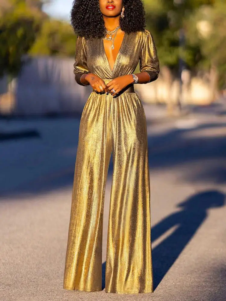 Elegant Metallic Green Jumpsuit for Women | Madeline Gold