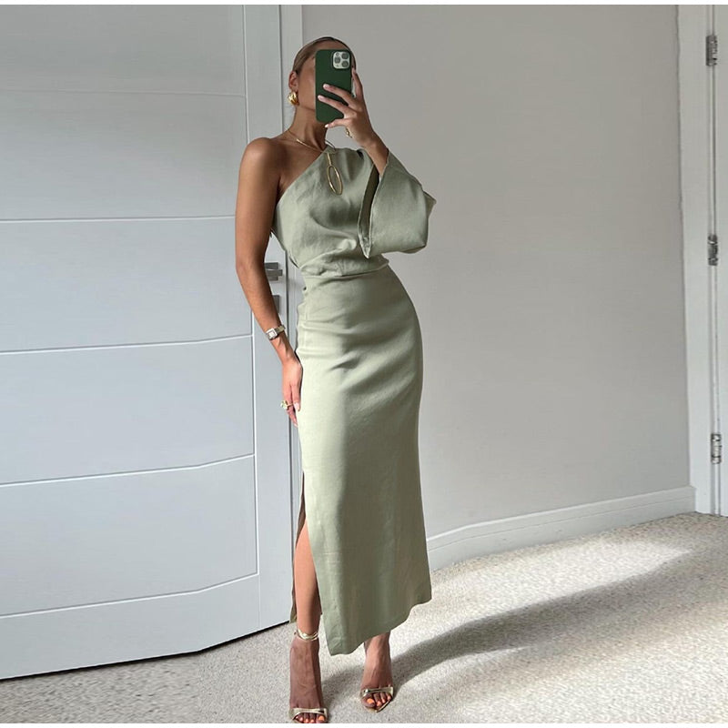 Elegant One-Shoulder Satin Slit Midi Dress for Women | Eloise Sage Green
