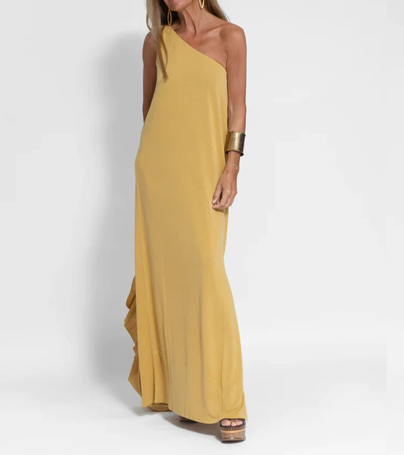 Elegant One Shoulder Maxi Dress for Women | Eleanor Mustard Yellow