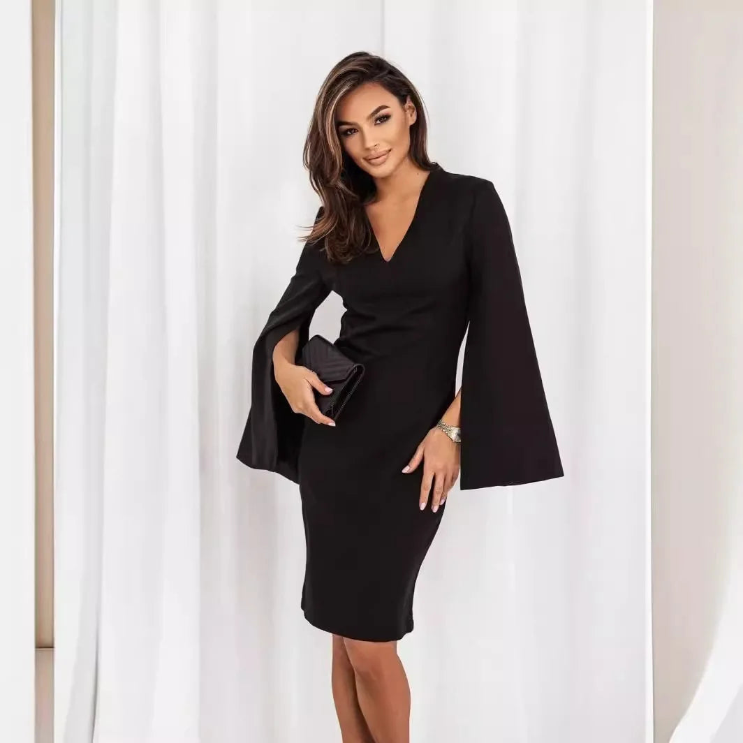 Elegant V-Neck Cape Sleeve Bodycon Dress for Women | Benilda