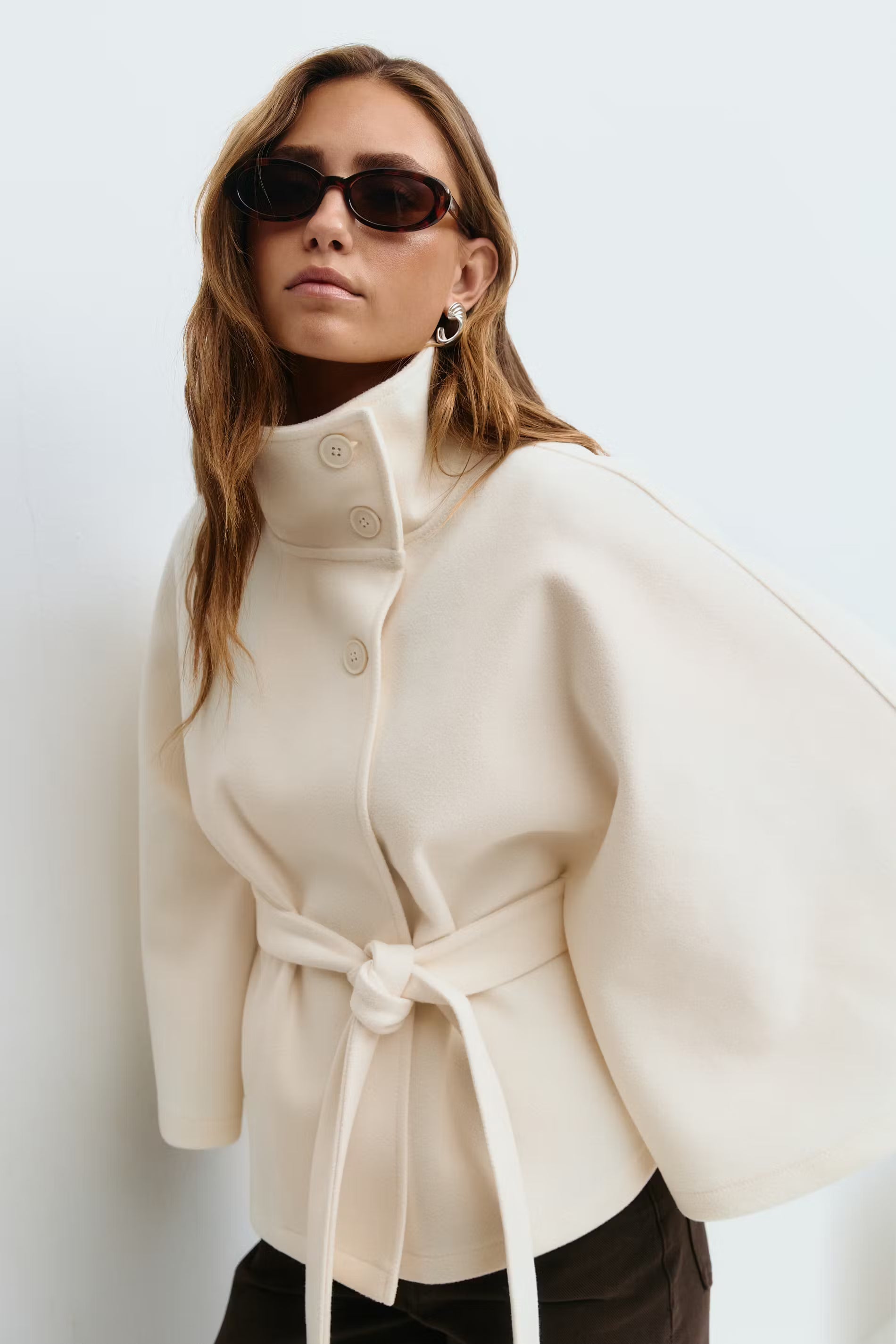 Elegant Wool Blend Cape Coat with Belt | Emilia Beige