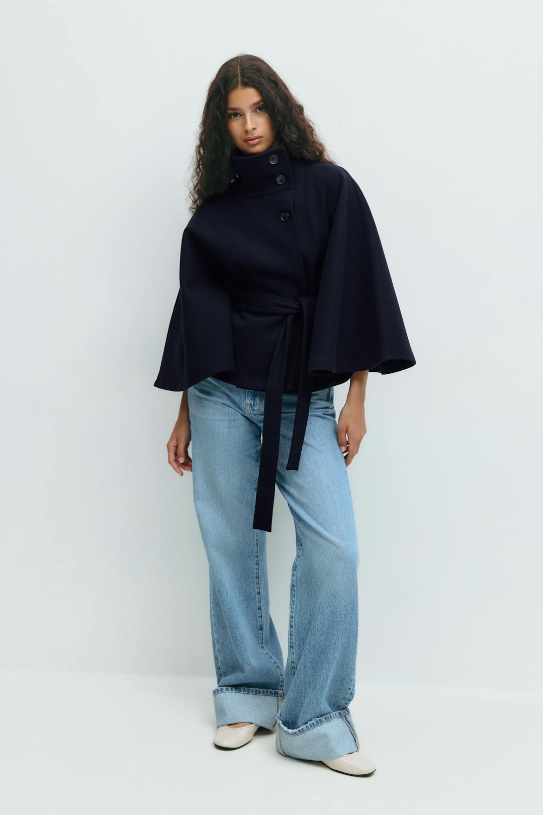 Elegant Wool Blend Cape Coat with Belt | Emilia