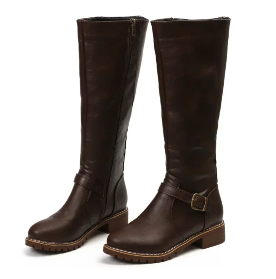 Eloria – Women's Knee High Vegan Leather Winter Boots Dark Brown