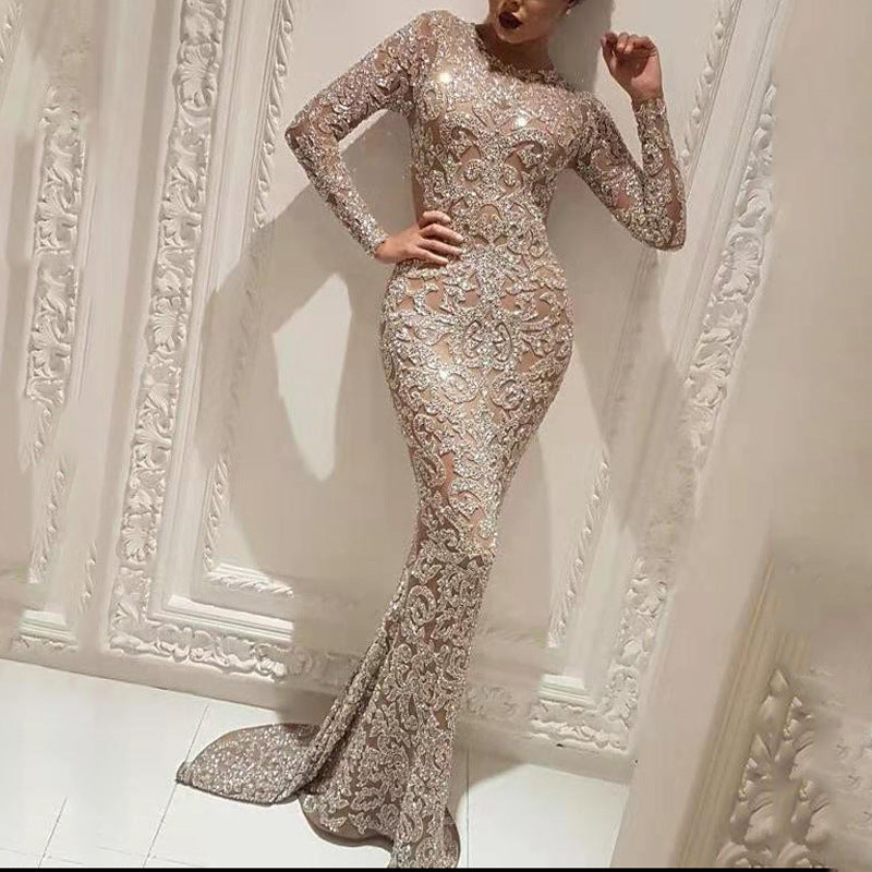 Embellished Sheer Long Sleeve Evening Gown for Women | Arabella