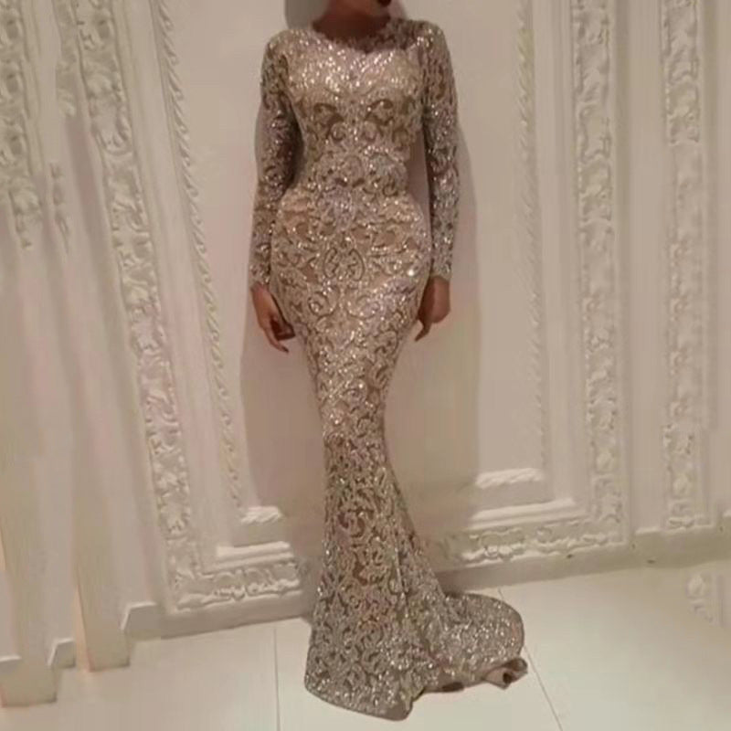 Embellished Sheer Long Sleeve Evening Gown for Women | Arabella Gold