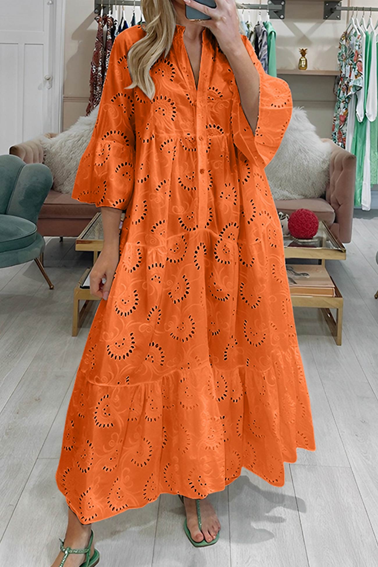 Embroidered Cotton Maxi Dress For Women | Liora Orange