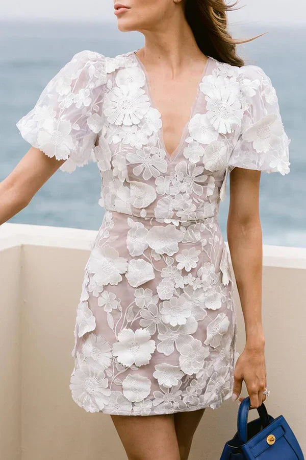 Fitted Mini Dress with Puff Sleeves and Deep V-Neck for Women | Liriana White