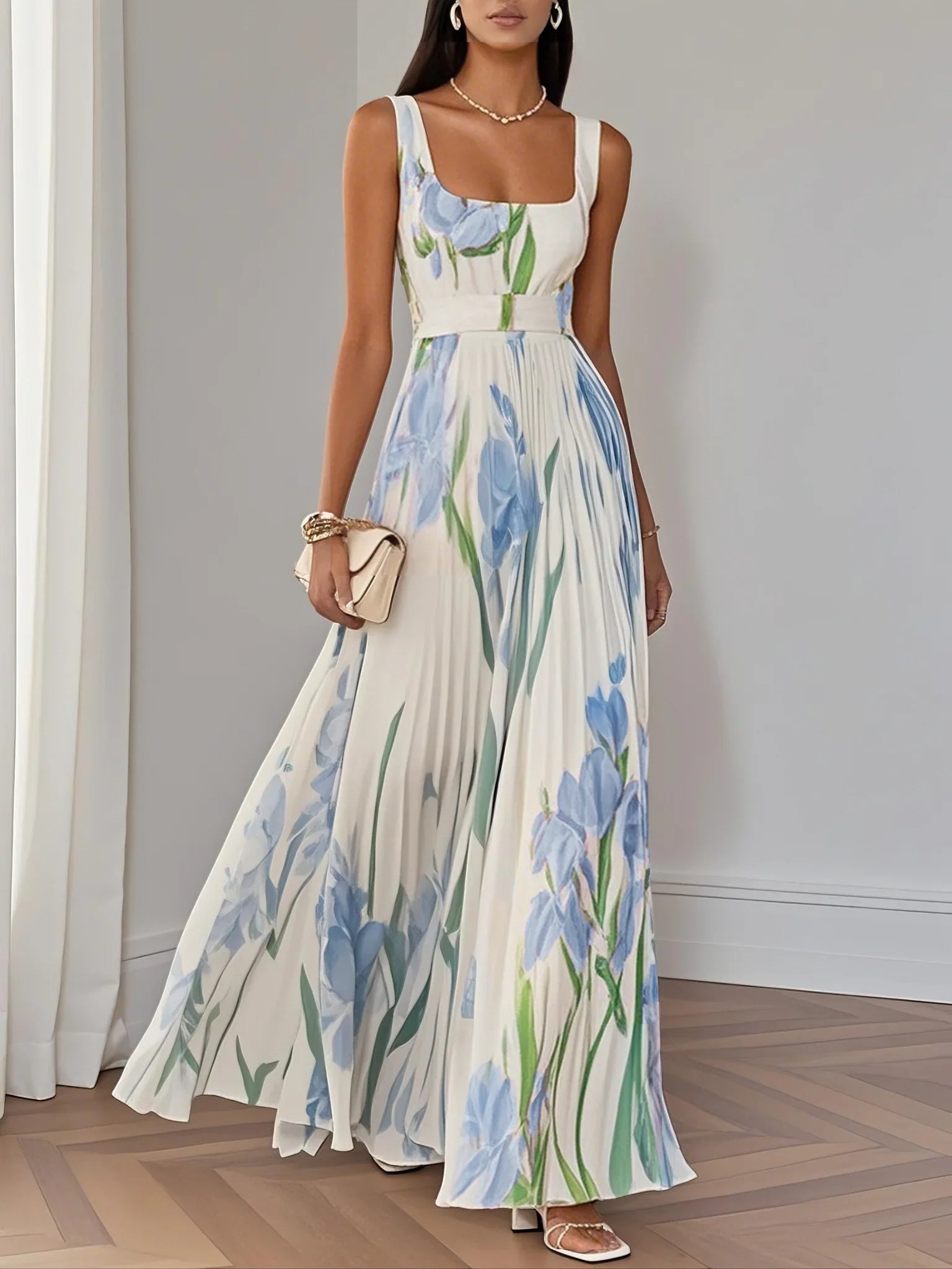 Fleura | Pleated Floral Maxi Wedding Guest Dress Light Blue