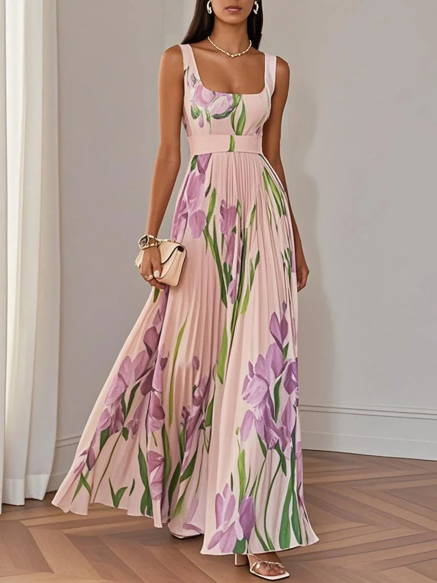 Fleura | Pleated Floral Maxi Wedding Guest Dress Pink