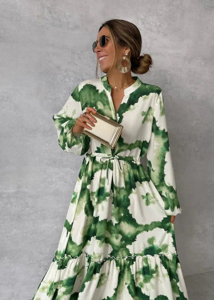 Fleura | Summer Floral V-neck Maxi Dress Green