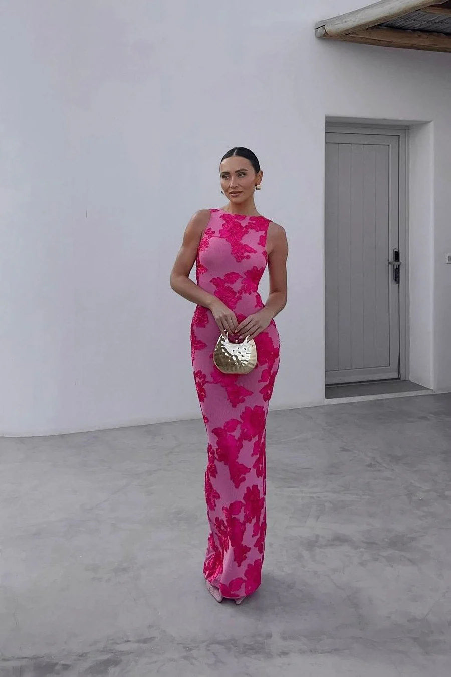 Floral Pink Embroidered Sleeveless Evening Maxi Dress for Women | Luna