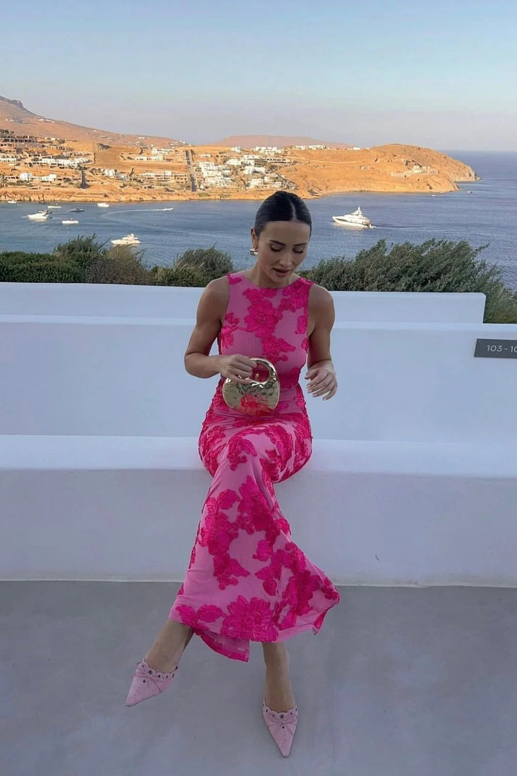 Floral Pink Embroidered Sleeveless Evening Maxi Dress for Women | Luna