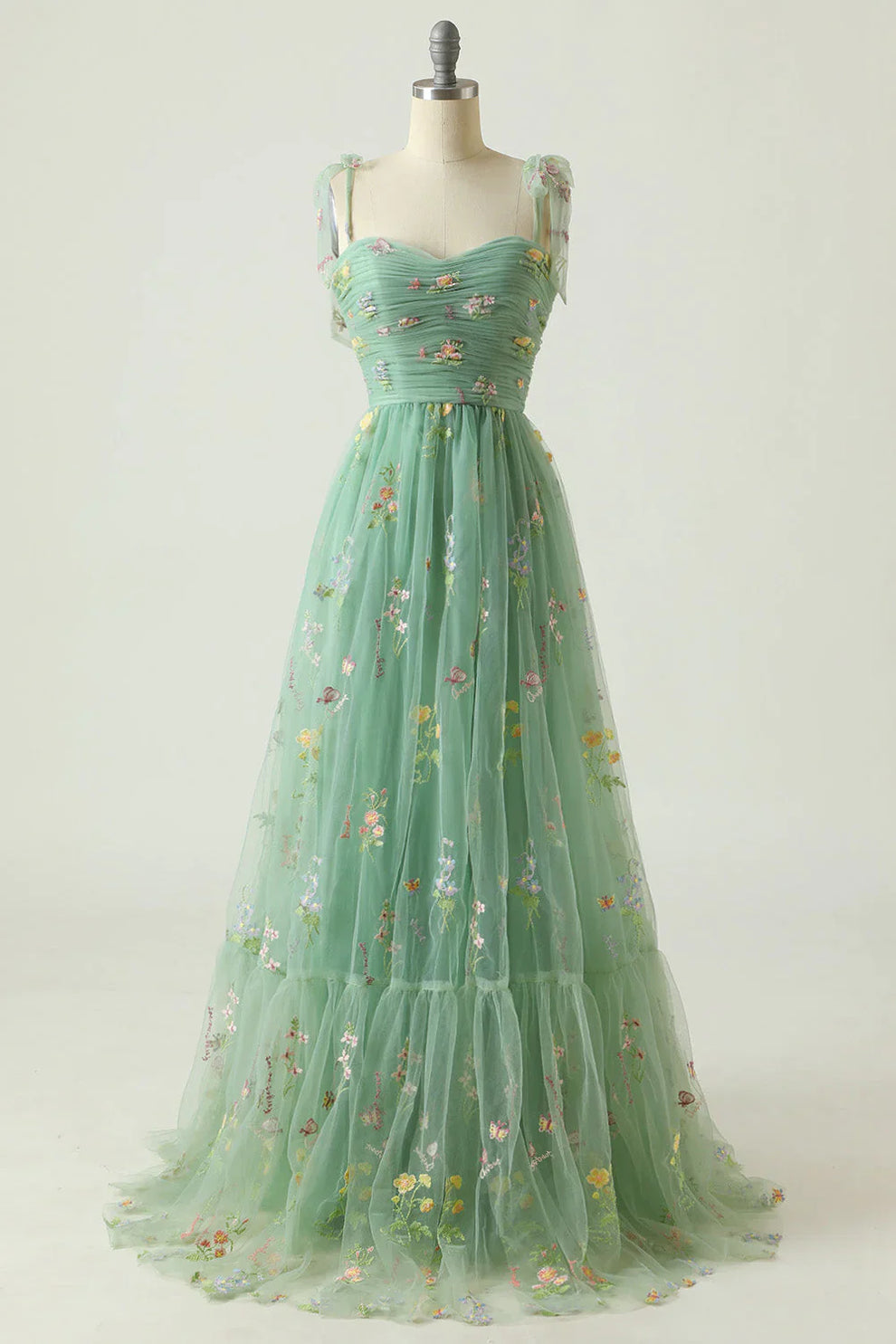 Floral Embroidered Tulle Maxi Dress for Women | Aurora Mint Green Long
