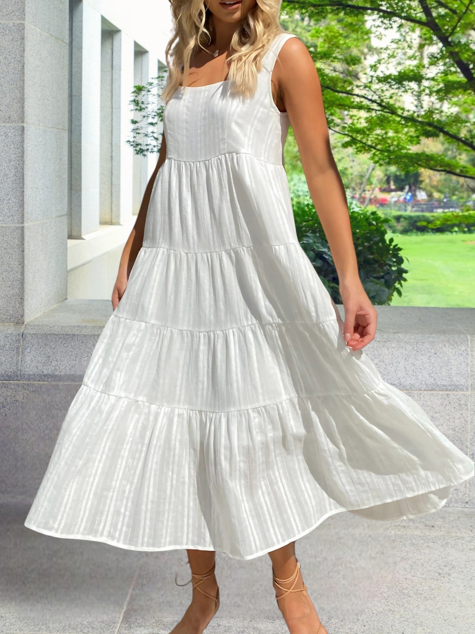 Flowy Midi Dress Square Neckline For Women | Liora White