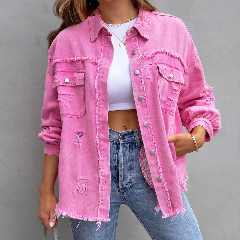 Frayed Denim Jacket for Women | Caitlyn Pink