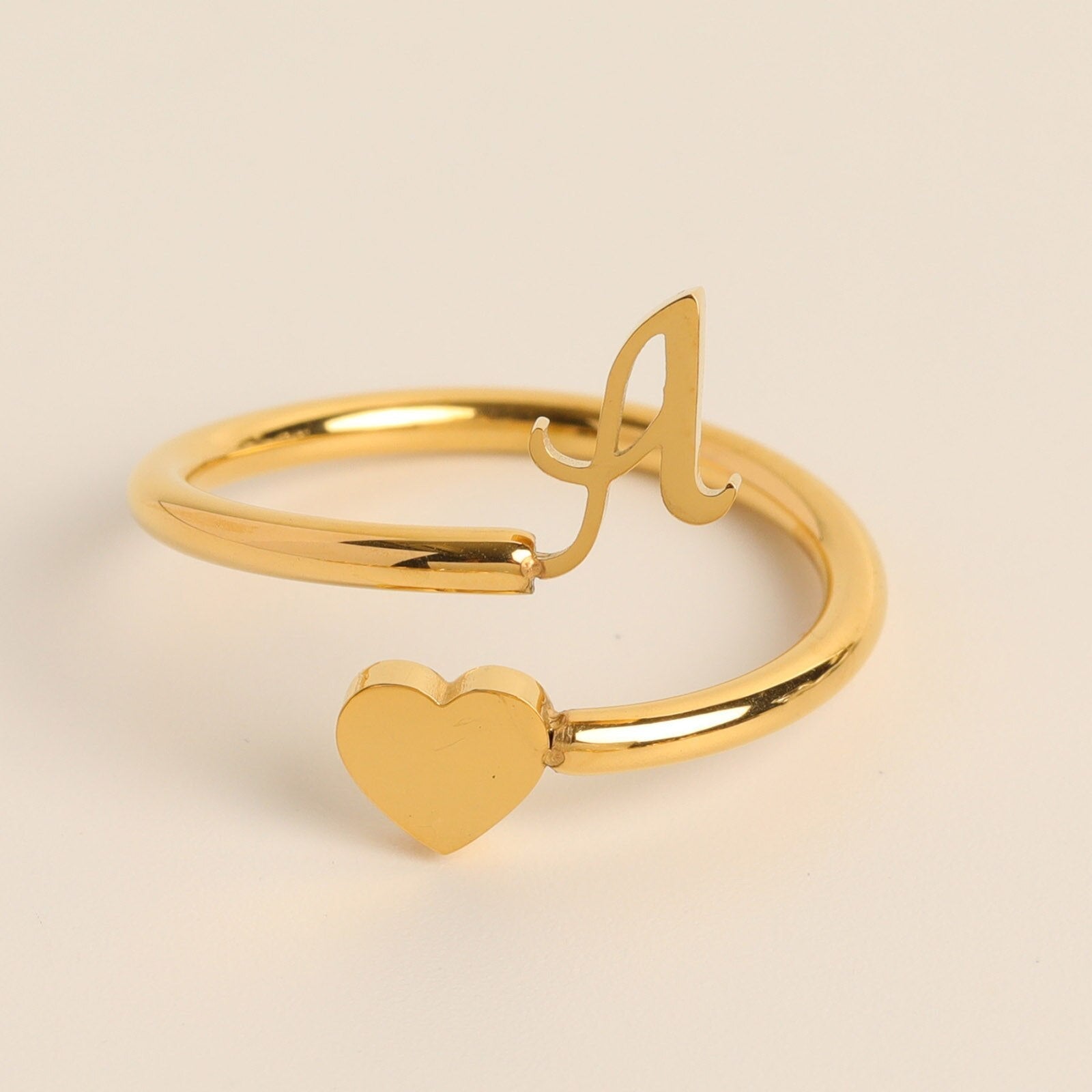 Gold Adjustable Heart & Personalized Initial Ring for Women | Paula A One size