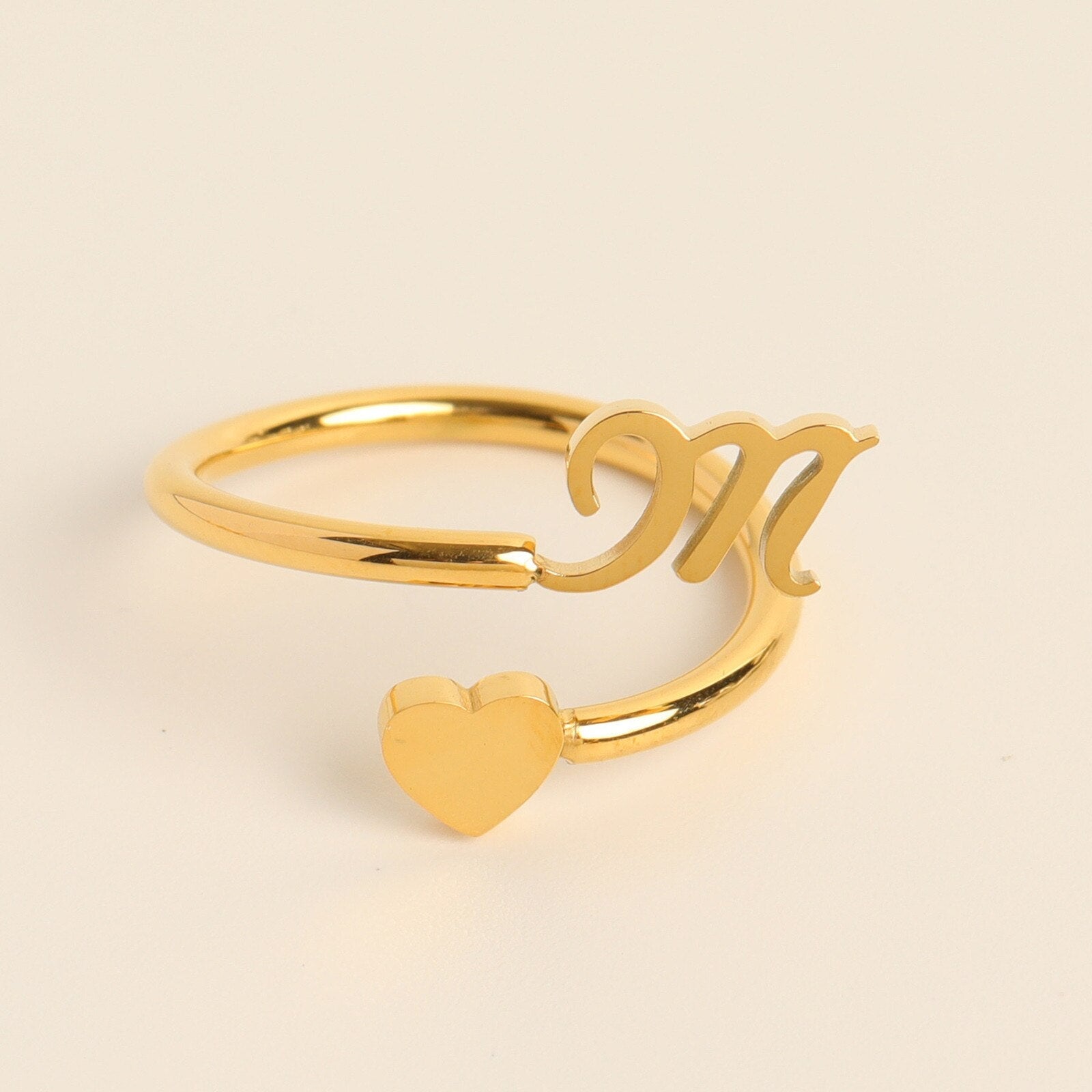 Gold Adjustable Heart & Personalized Initial Ring for Women | Paula M One size