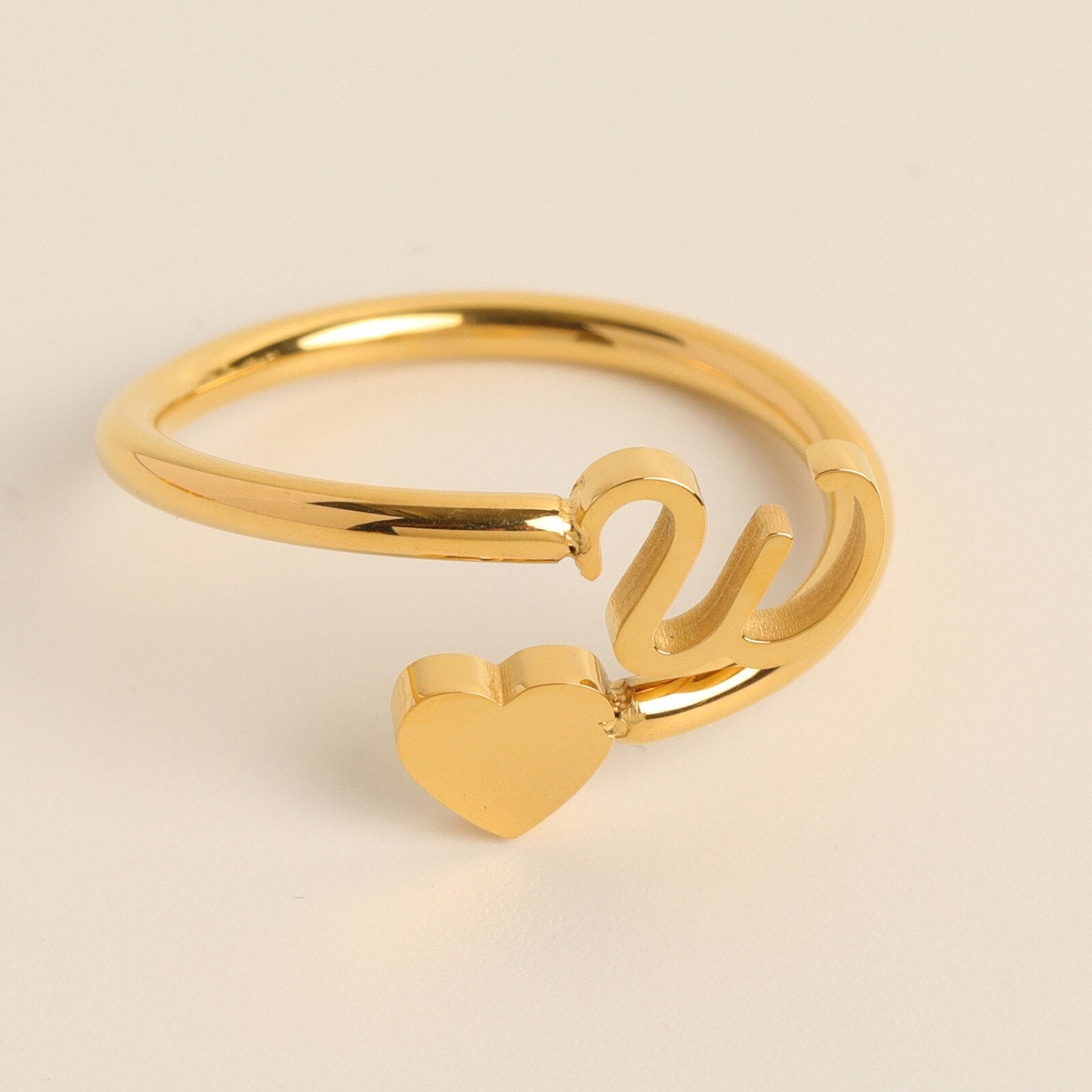Gold Adjustable Heart & Personalized Initial Ring for Women | Paula W One size