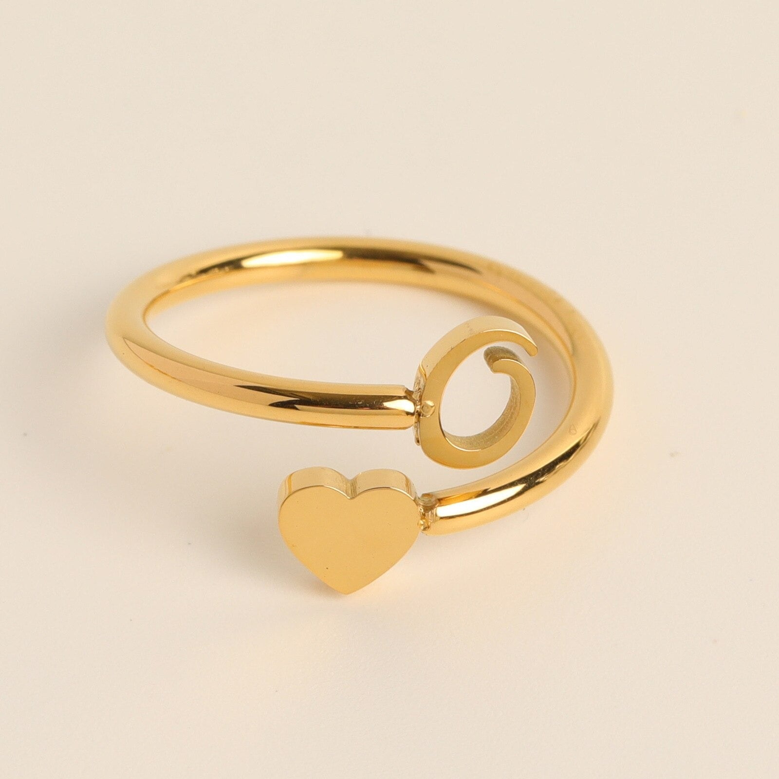 Gold Adjustable Heart & Personalized Initial Ring for Women | Paula O One size