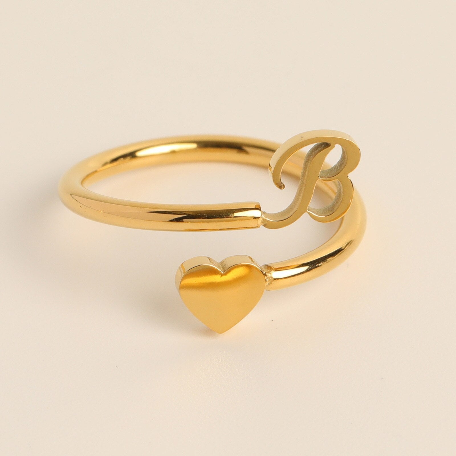 Gold Adjustable Heart & Personalized Initial Ring for Women | Paula B One size