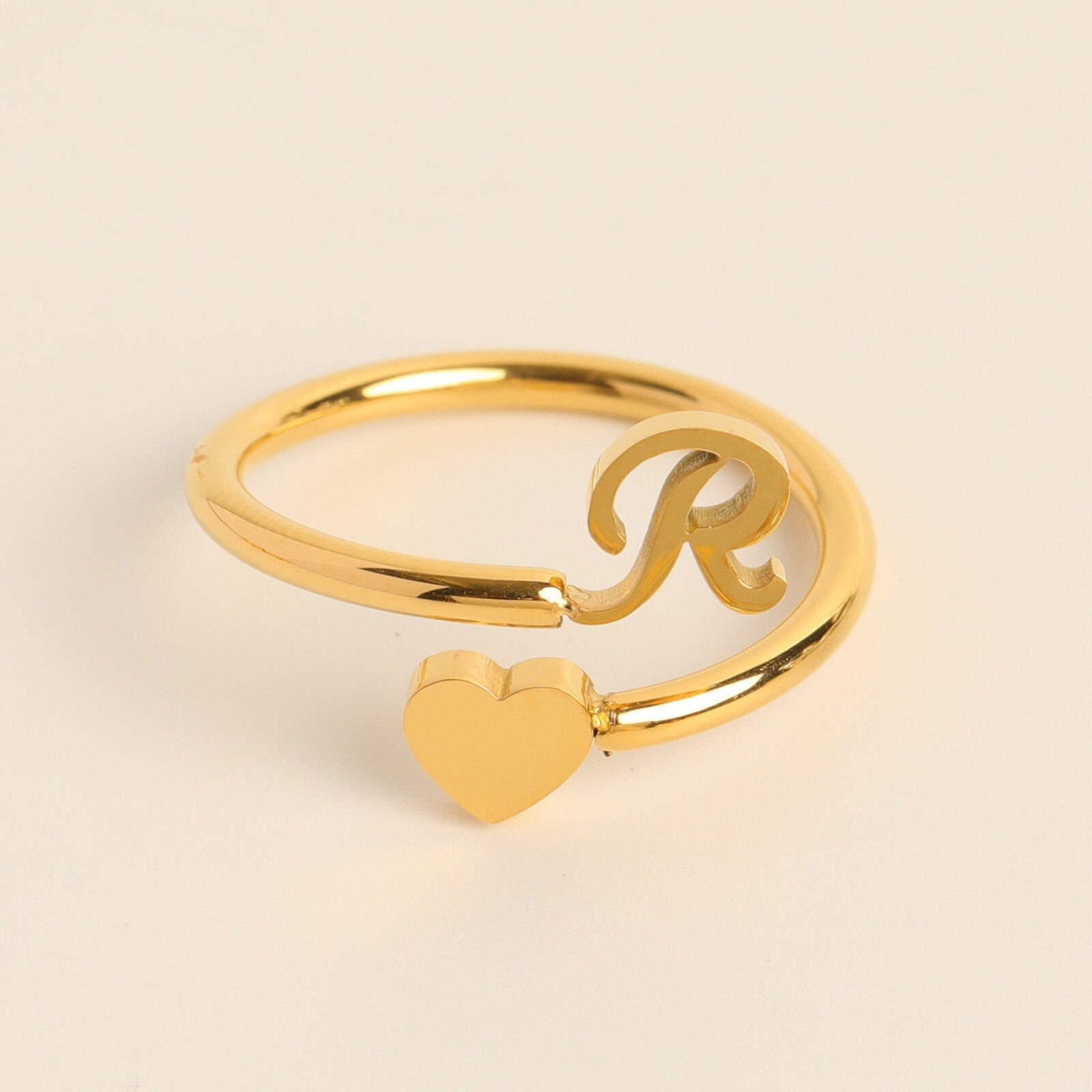 Gold Adjustable Heart & Personalized Initial Ring for Women | Paula R One size