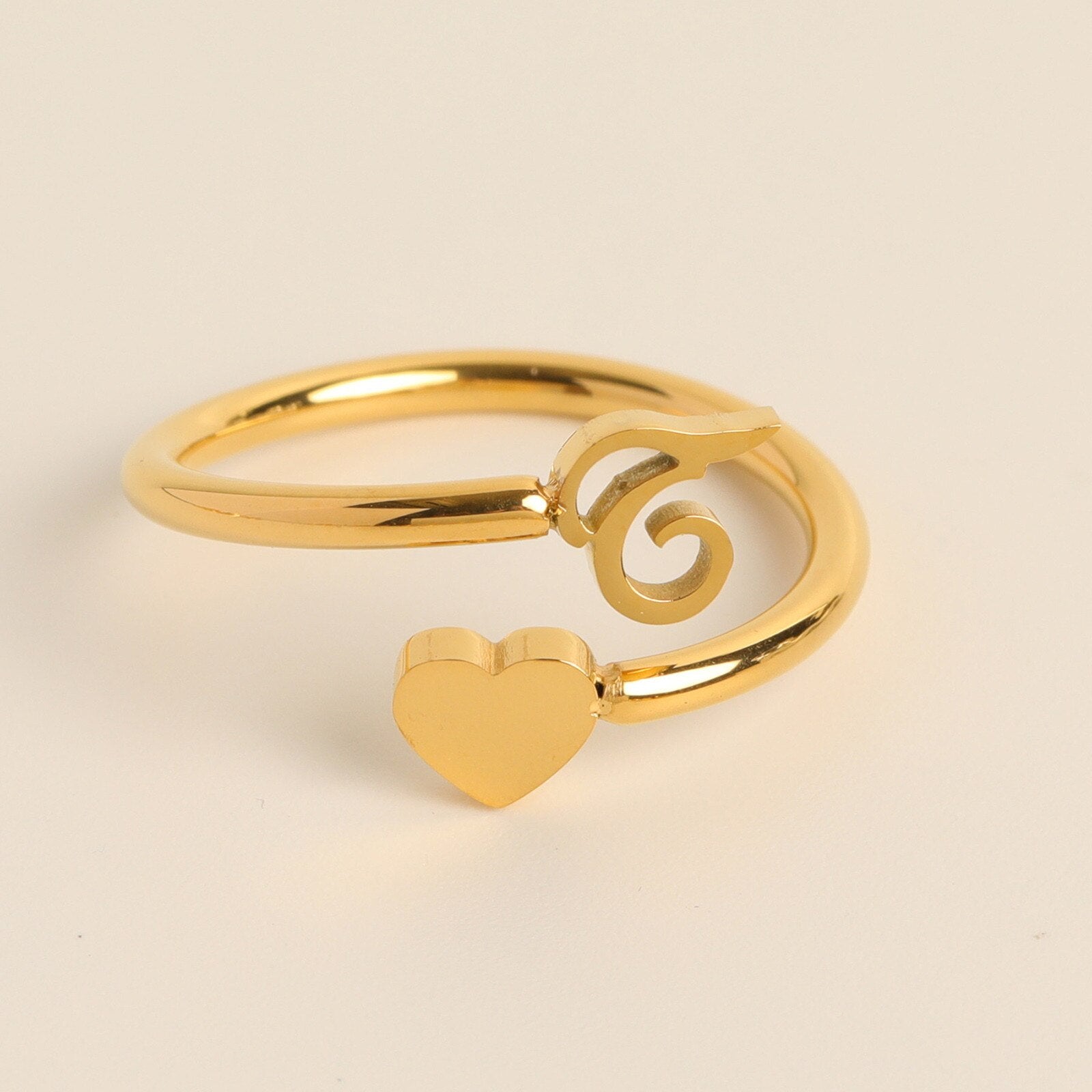 Gold Adjustable Heart & Personalized Initial Ring for Women | Paula T One size