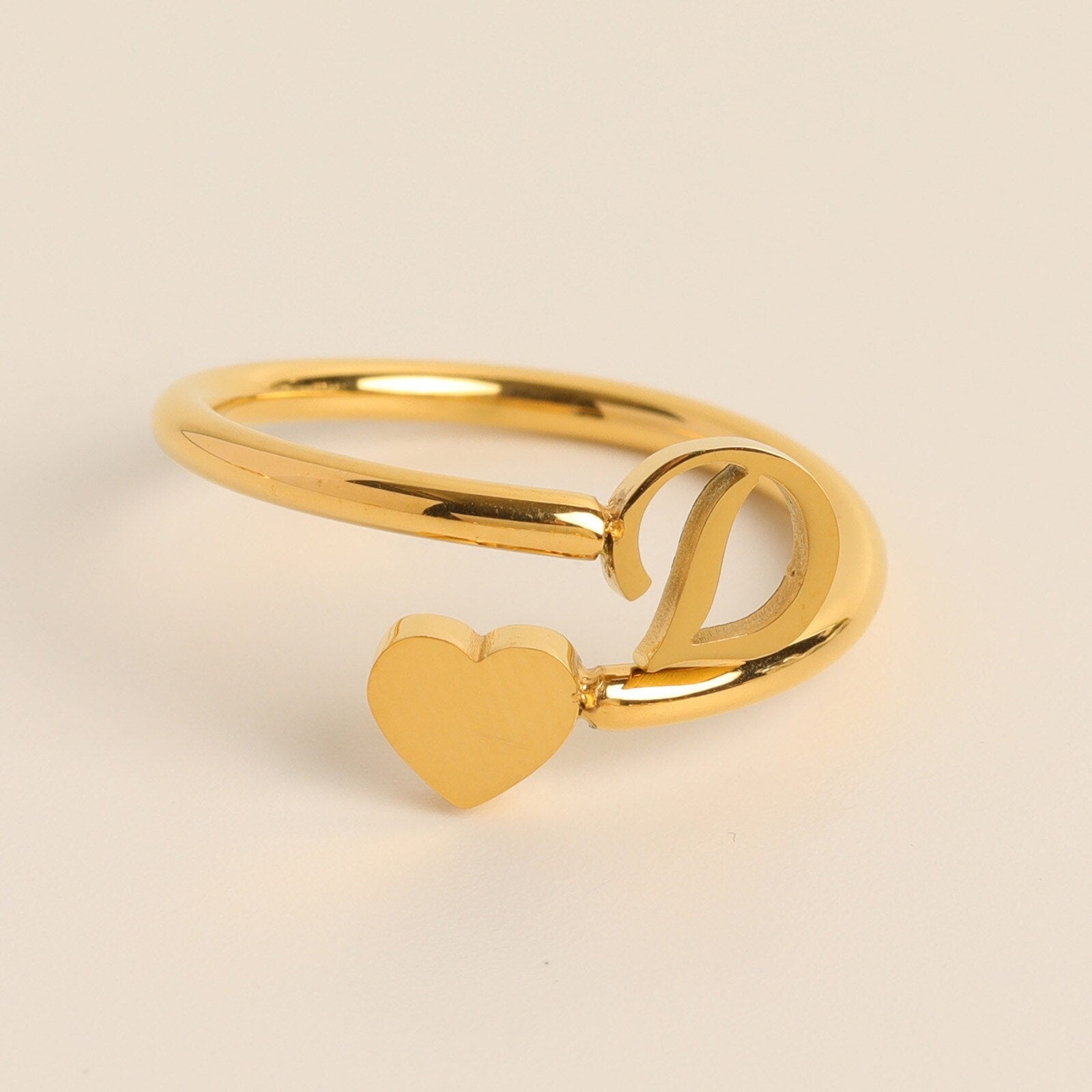Gold Adjustable Heart & Personalized Initial Ring for Women | Paula D One size