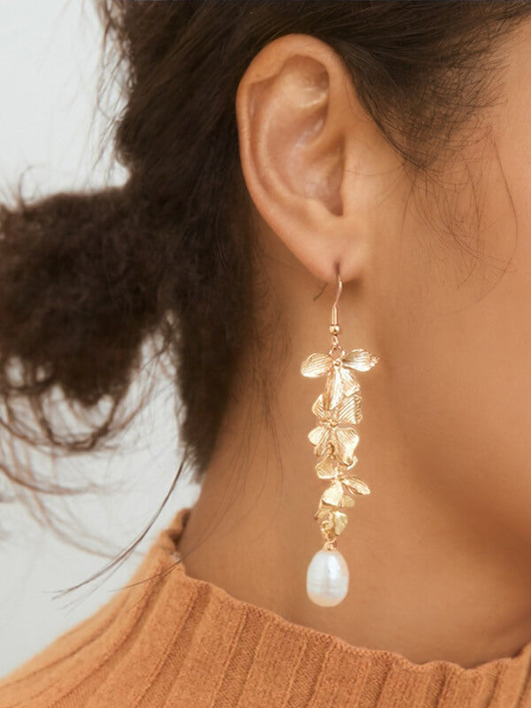 Gold Floral Drop Earrings with Pearl for Women | Fiora